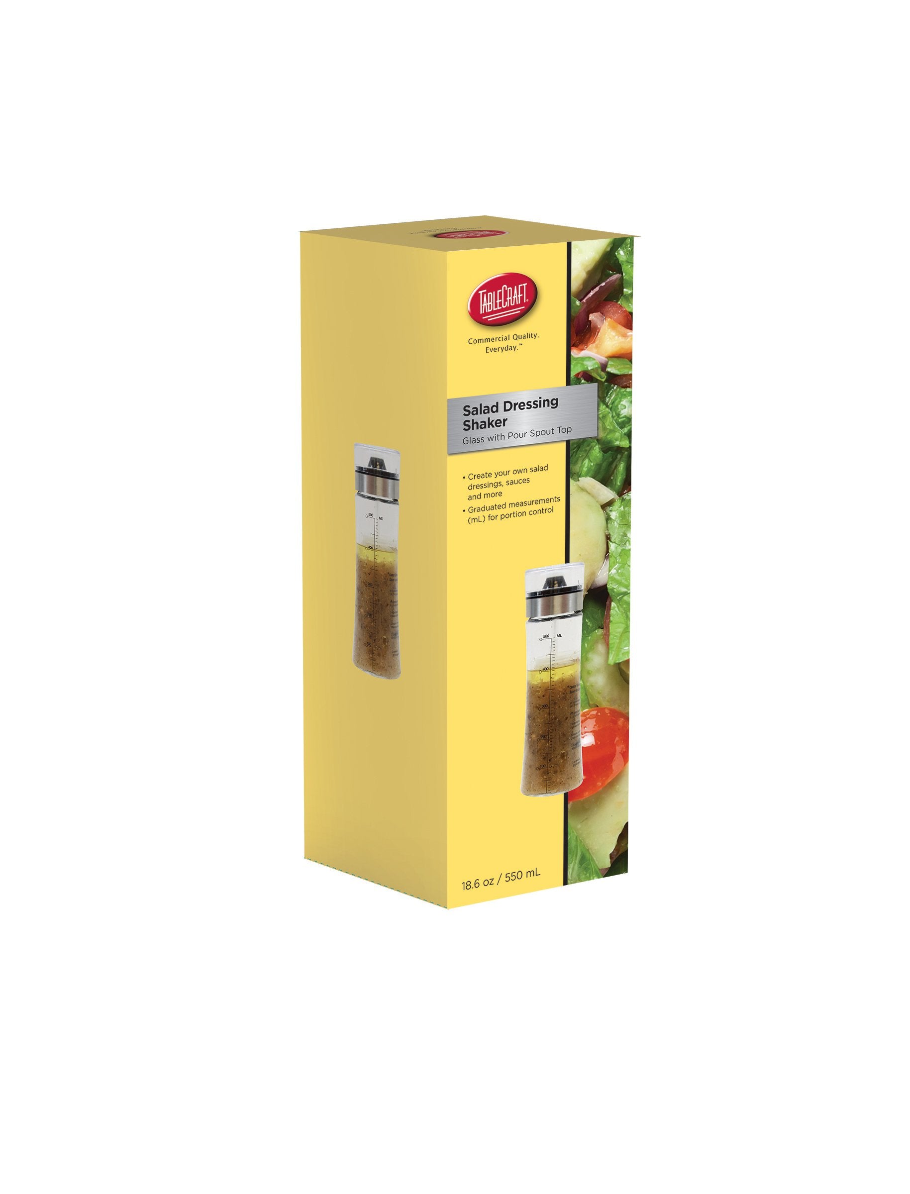 TableCraft dressing shaker in clear glass with spout for precise pouring and easy cleaning.