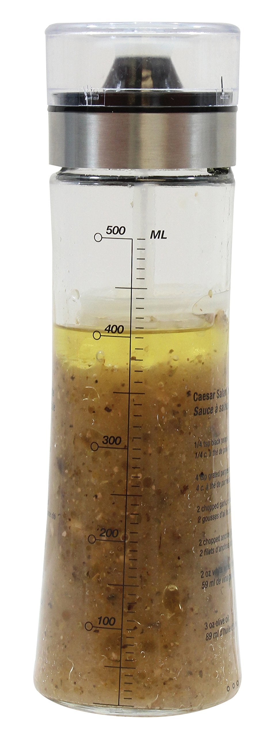 TableCraft salad dressing shaker with glass body and pour spout for precise, mess-free serving.