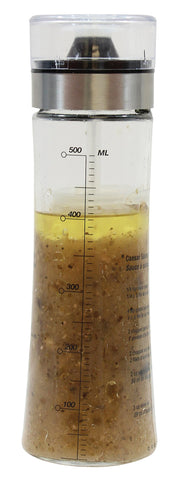 TableCraft salad dressing shaker with glass body and pour spout for precise, mess-free serving.