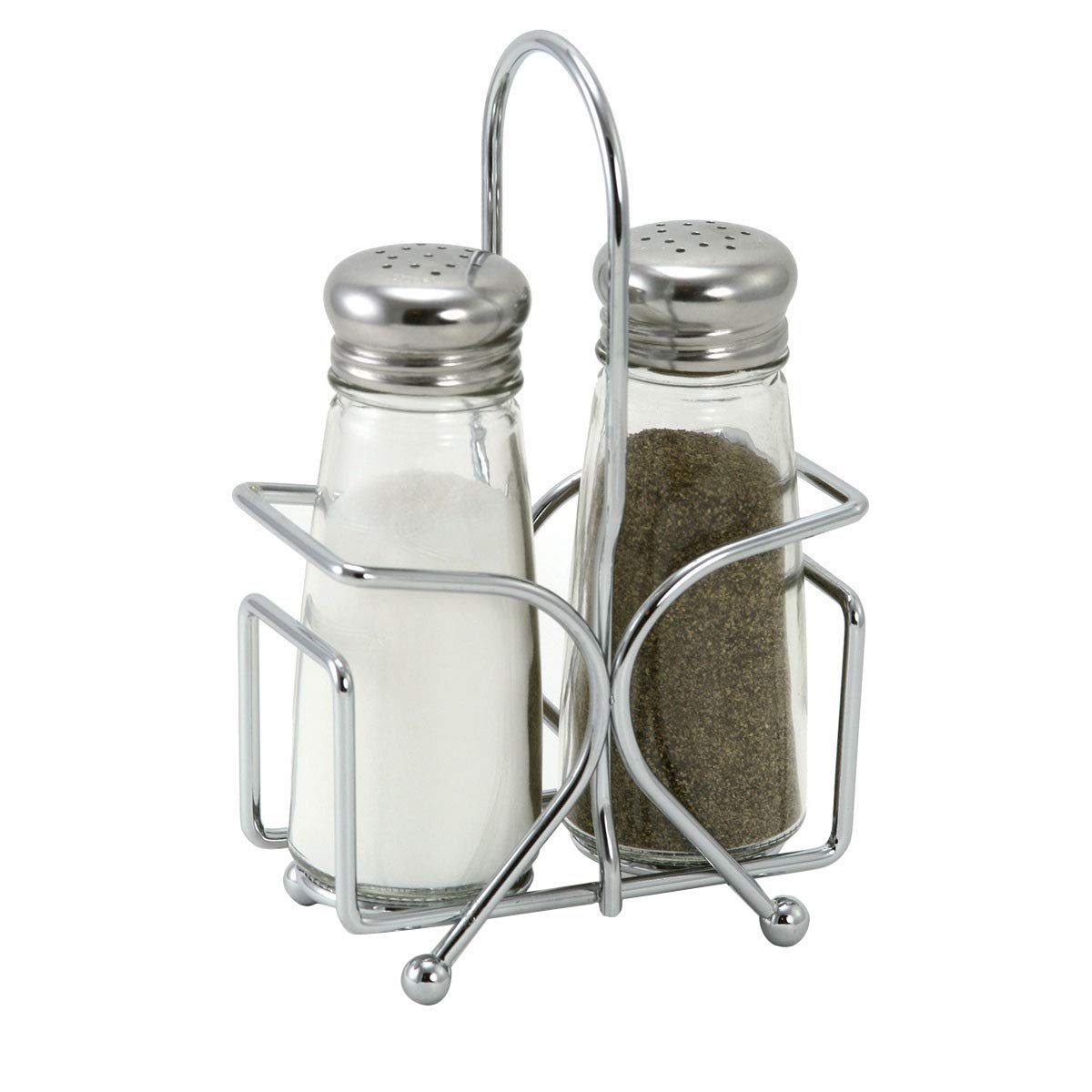 TableCraft salt and pepper shakers with rack on kitchen table for organized seasoning.