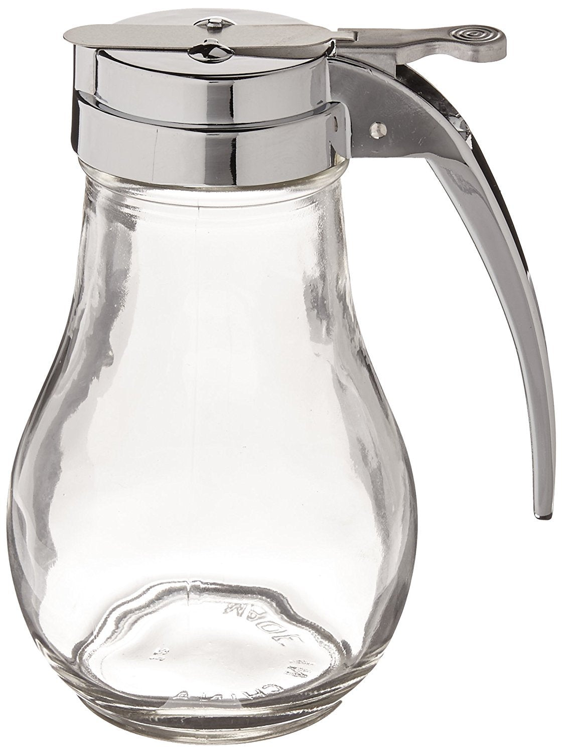 TableCraft syrup dispenser with chrome top shows clear teardrop jar for clean, mess-free service.