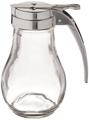 TableCraft syrup dispenser with chrome top shows clear teardrop jar for clean, mess-free service.