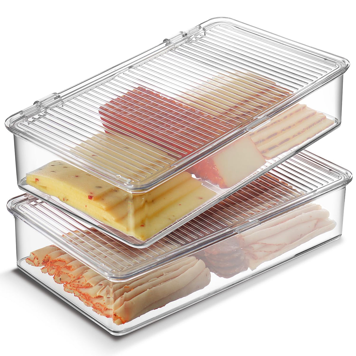 Tafura bacon container in refrigerator 2-pack keeping deli items fresh.