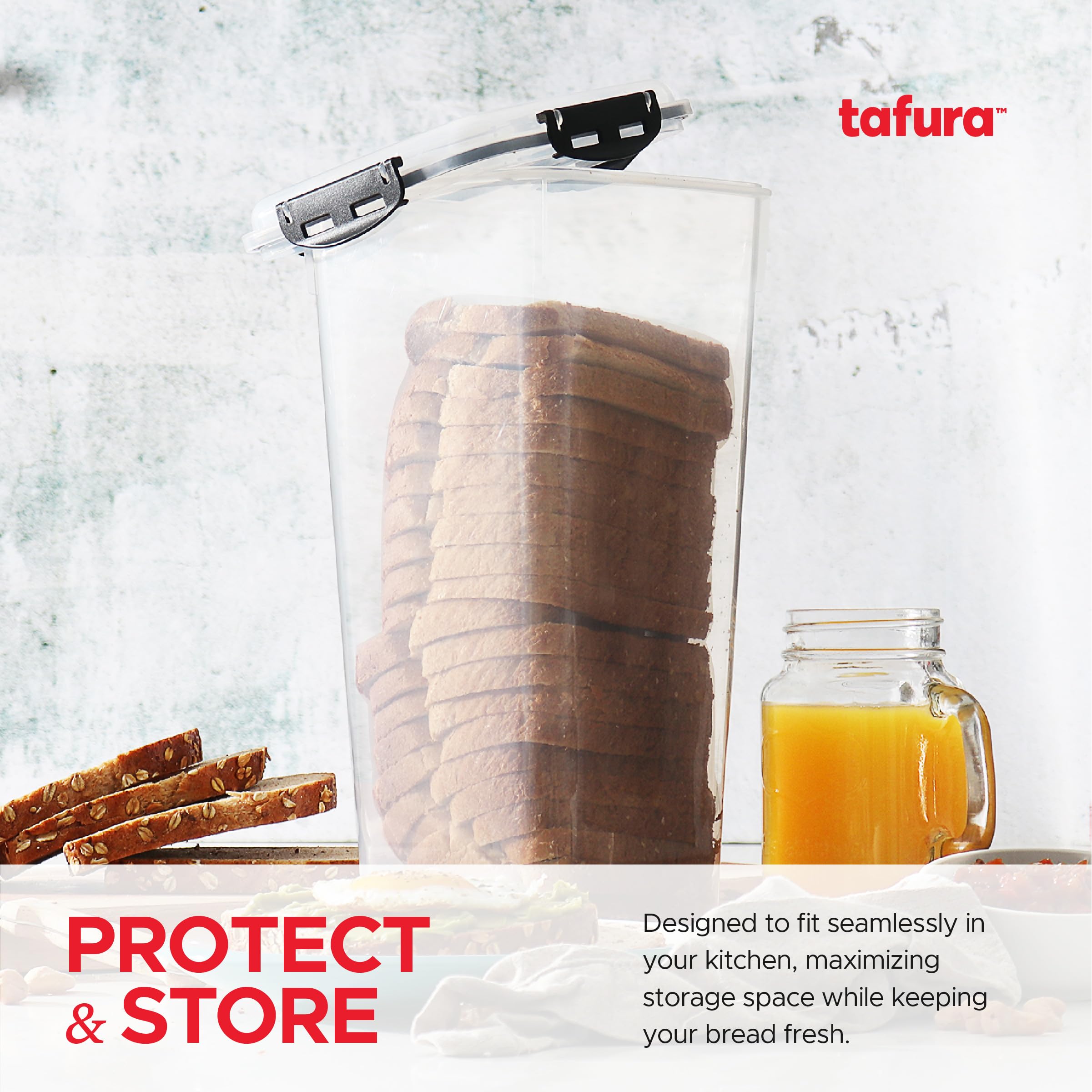 Tafura bread container with four side latches for a tight seal