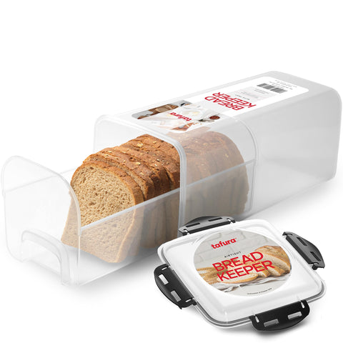Tafura bread storage container with airtight lid sits on the counter.