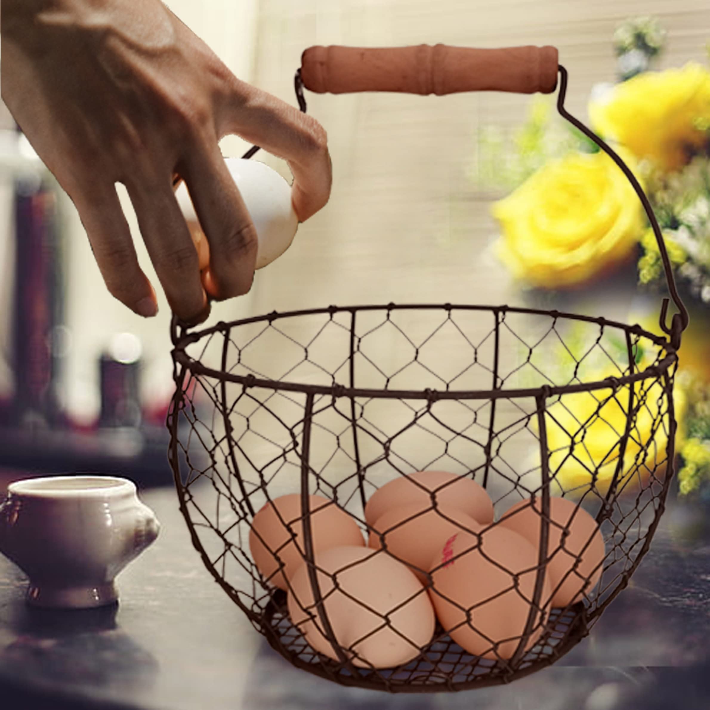 TAIANLE round metal egg basket on countertop for quick egg access