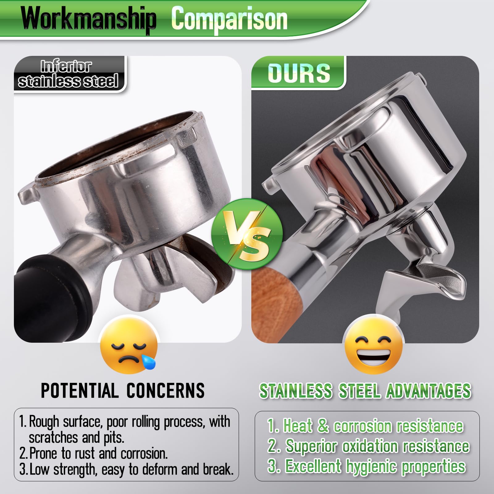TaiBest 304 stainless steel body resists corrosion for durable espresso brewing.