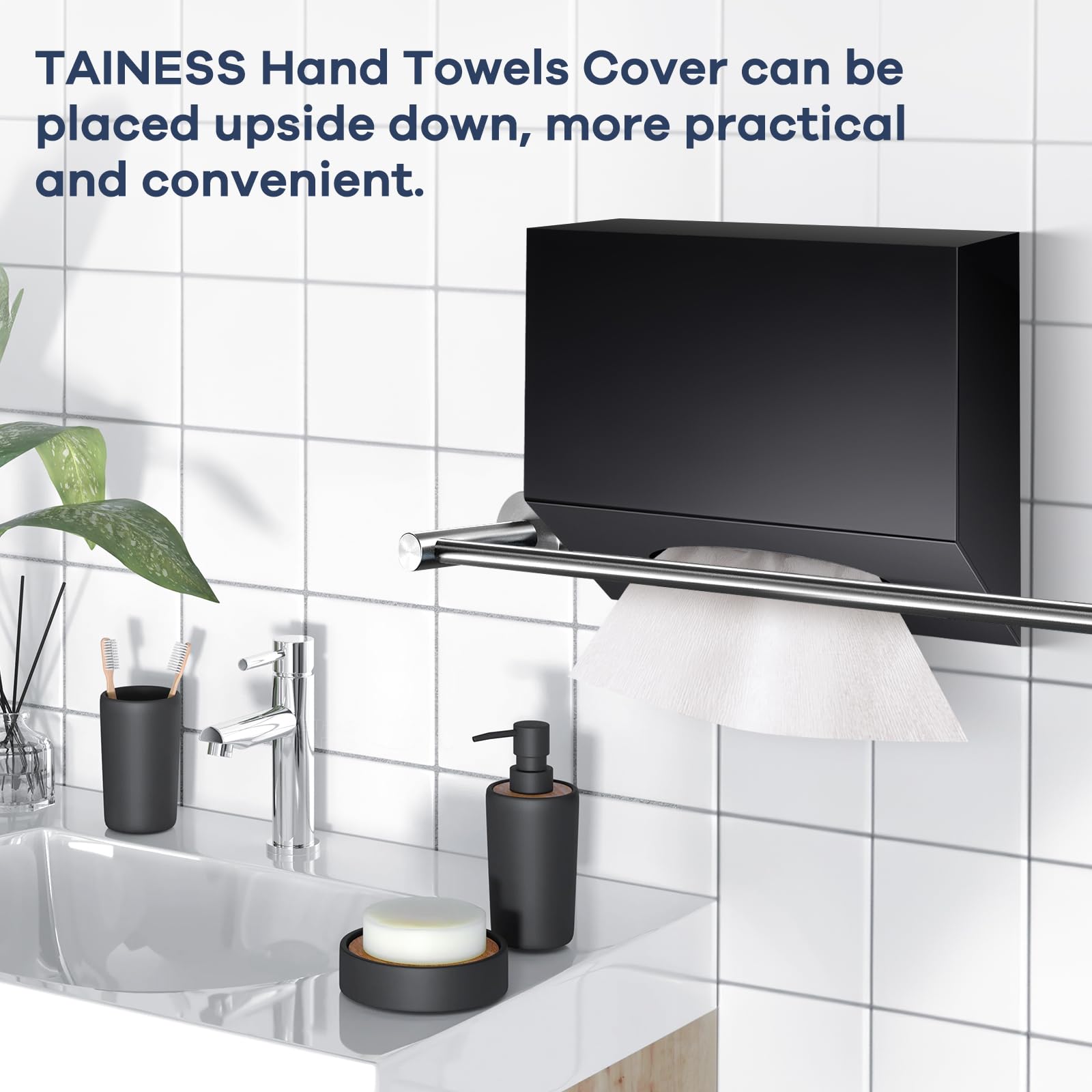 TAINESS box fits Kleenex disposable towels for neat, hygienic hand drying.