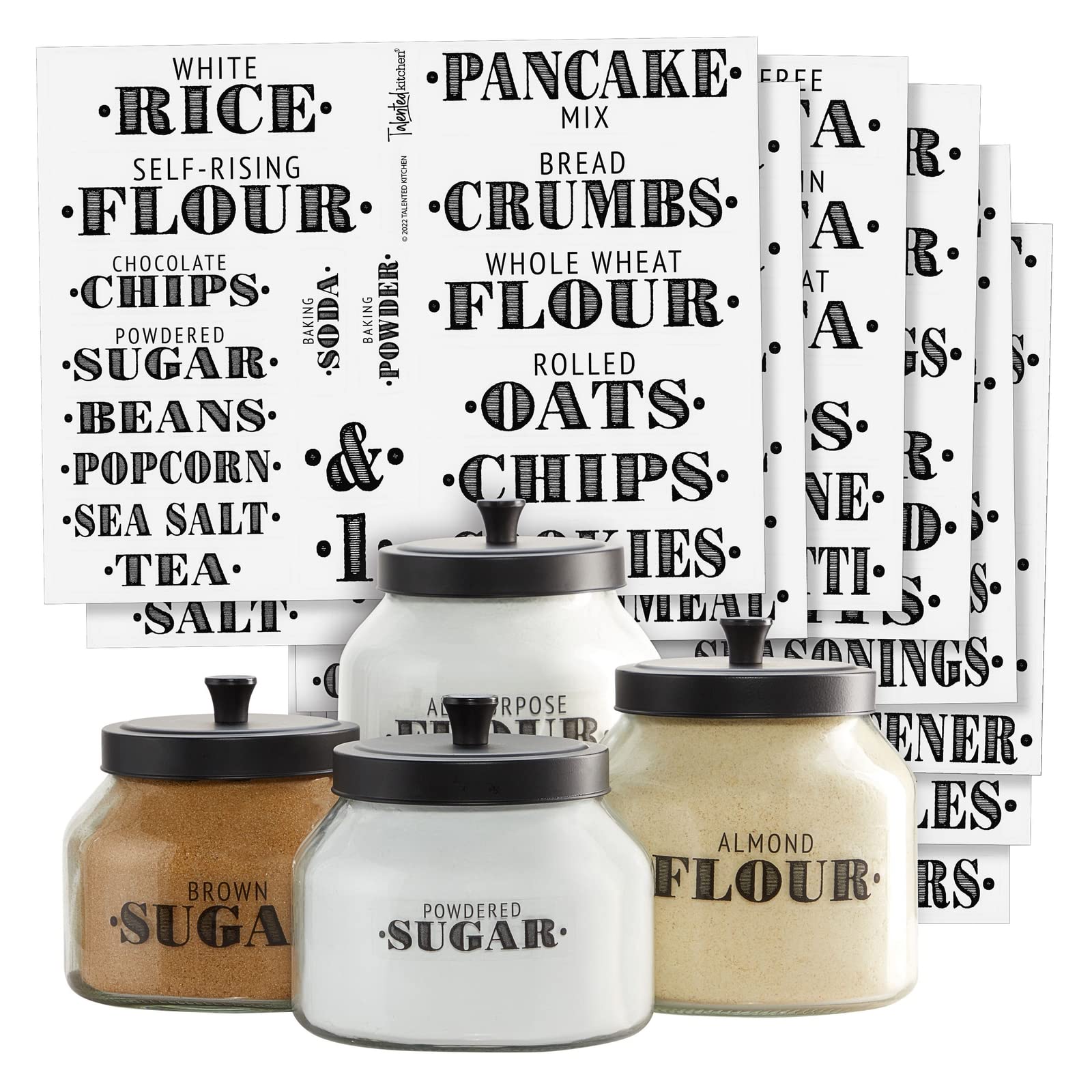 Talented Kitchen clear vinyl labels on glass jars for organized pantry storage