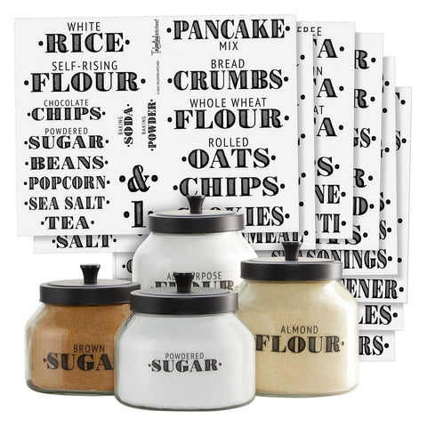 Talented Kitchen clear vinyl labels on glass jars for organized pantry storage