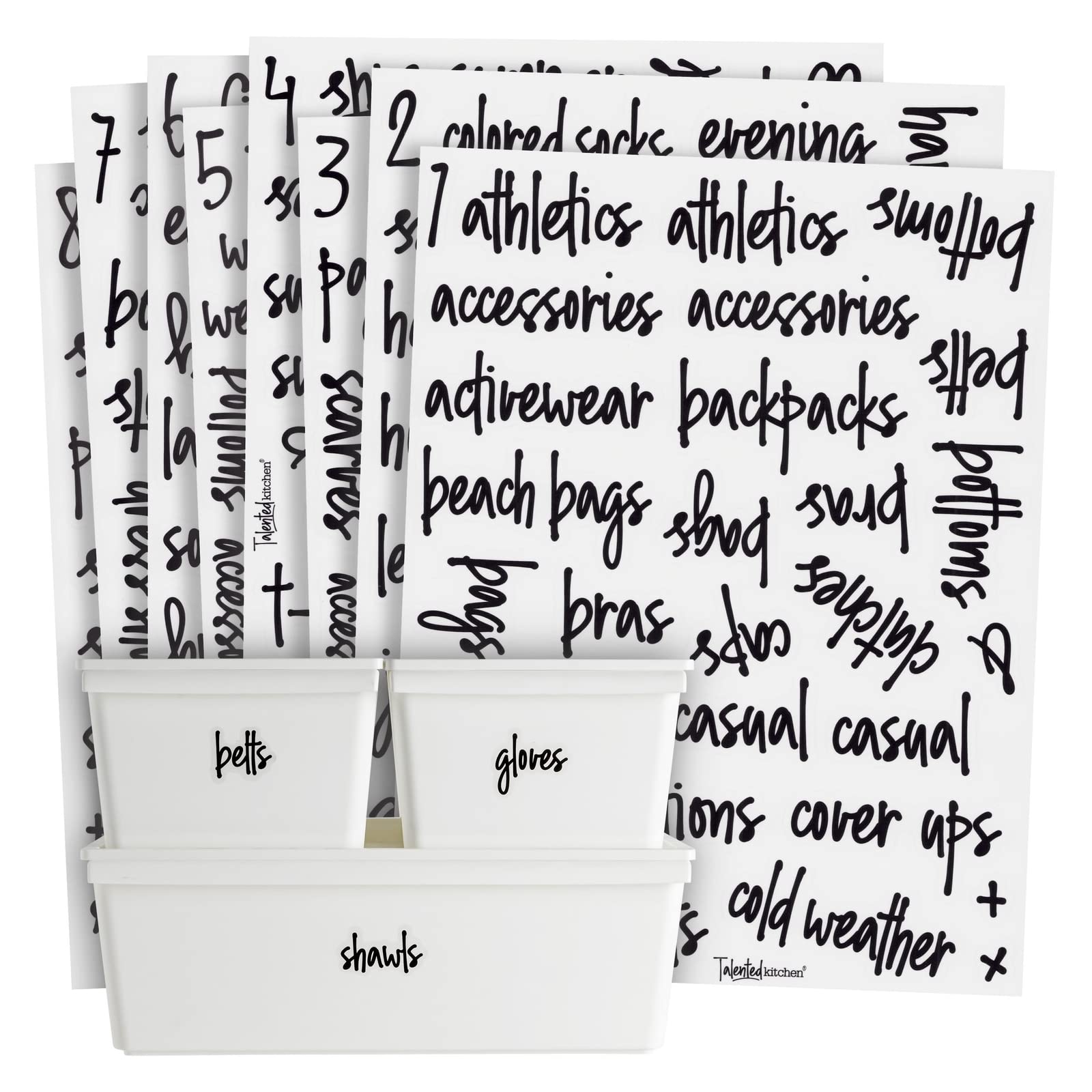 Talented Kitchen closet labels collection on shelves for easy organization.