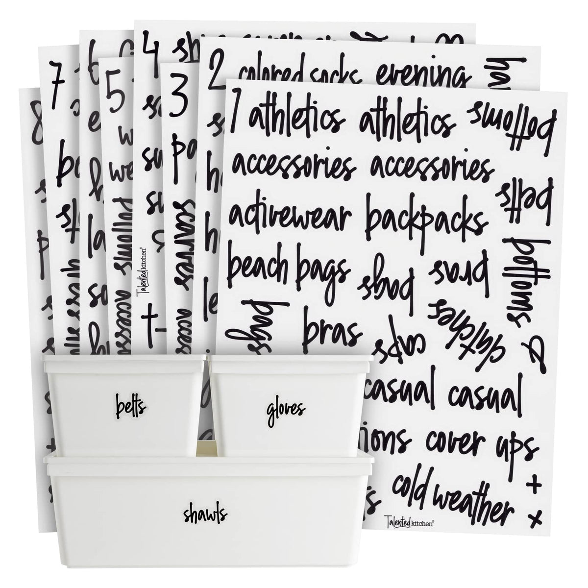 Talented Kitchen closet labels collection on shelves for easy organization.