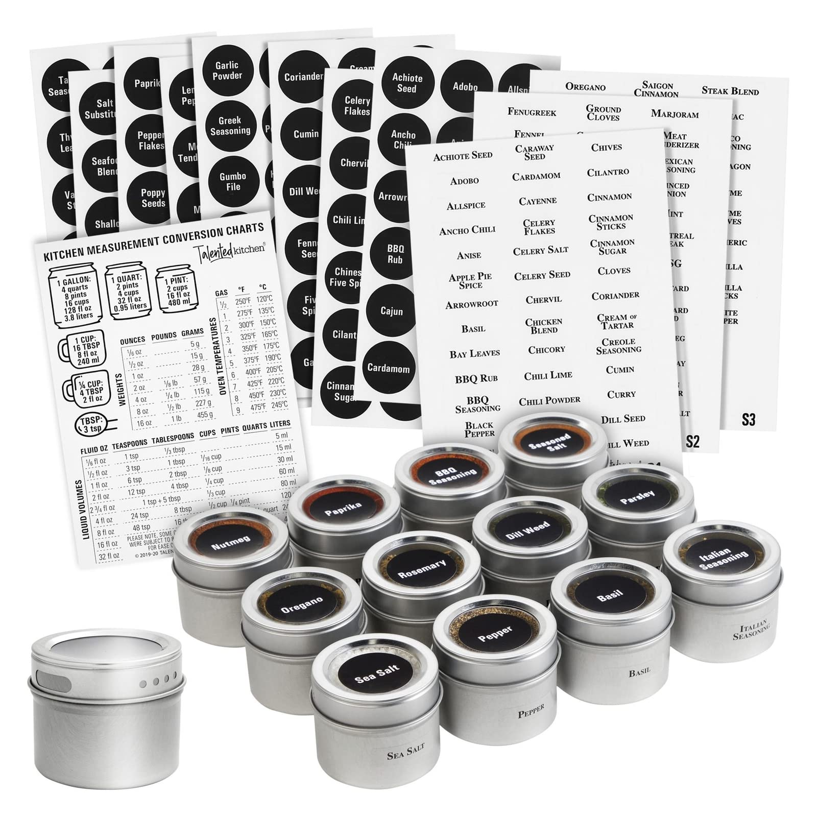 Talented Kitchen magnetic spice jars on fridge for easy access.