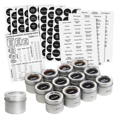 Talented Kitchen magnetic spice jars on fridge for easy access.