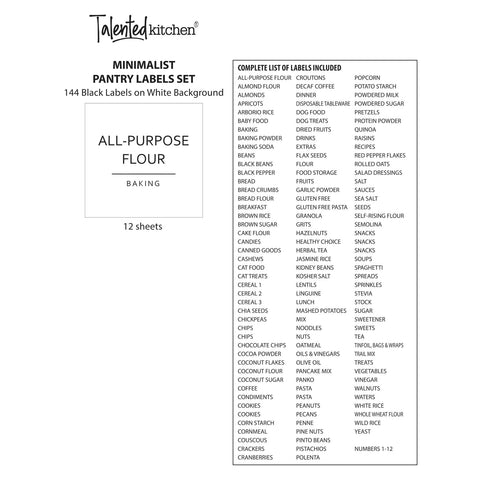 Talented Kitchen 132-item label set highlighting common pantry staples.