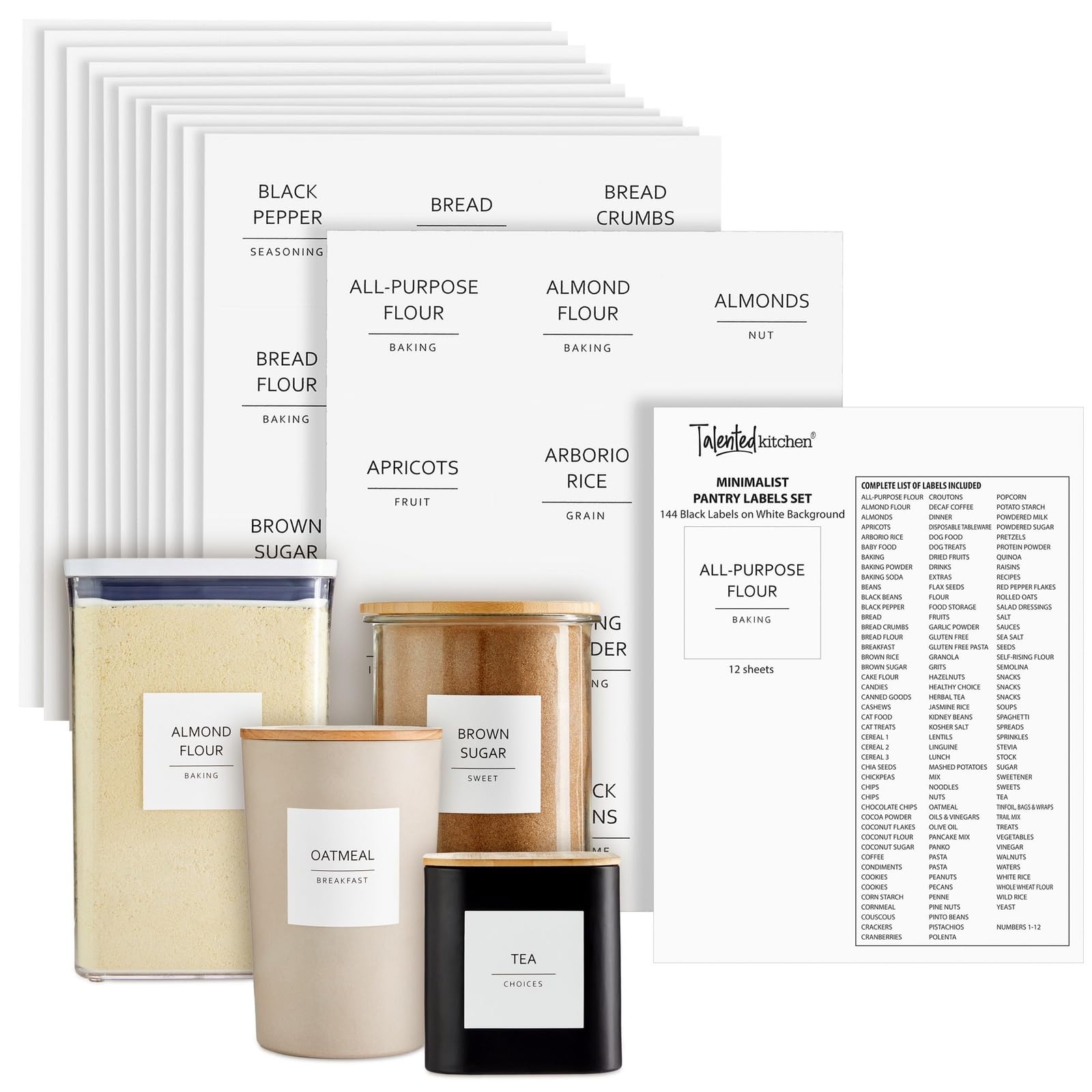 Talented Kitchen pantry label sheet on a wooden surface for easy organization.