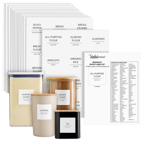 Talented Kitchen pantry label sheet on a wooden surface for easy organization.