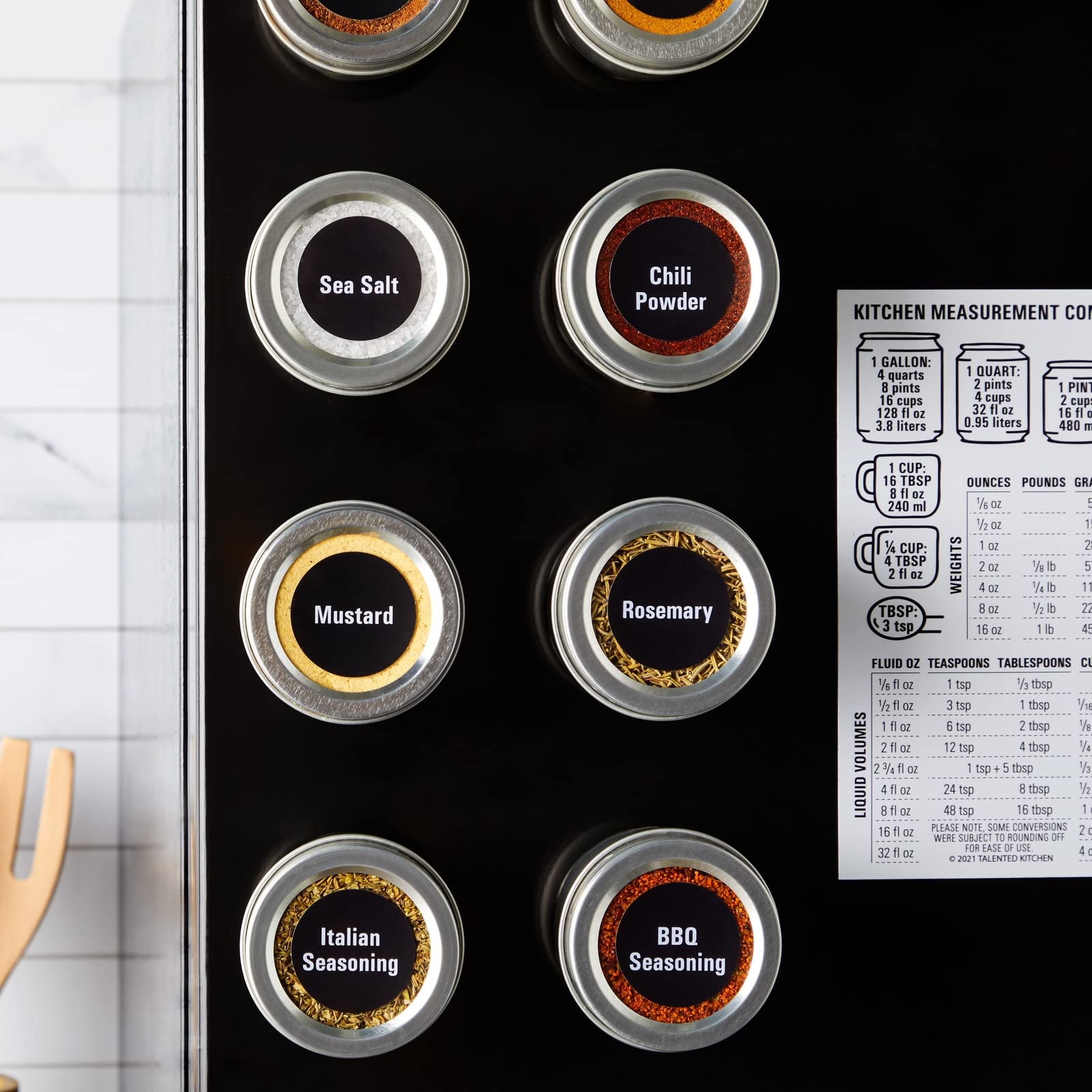 Talented Kitchen spice jars with sift-and-pour lids for precise seasoning.