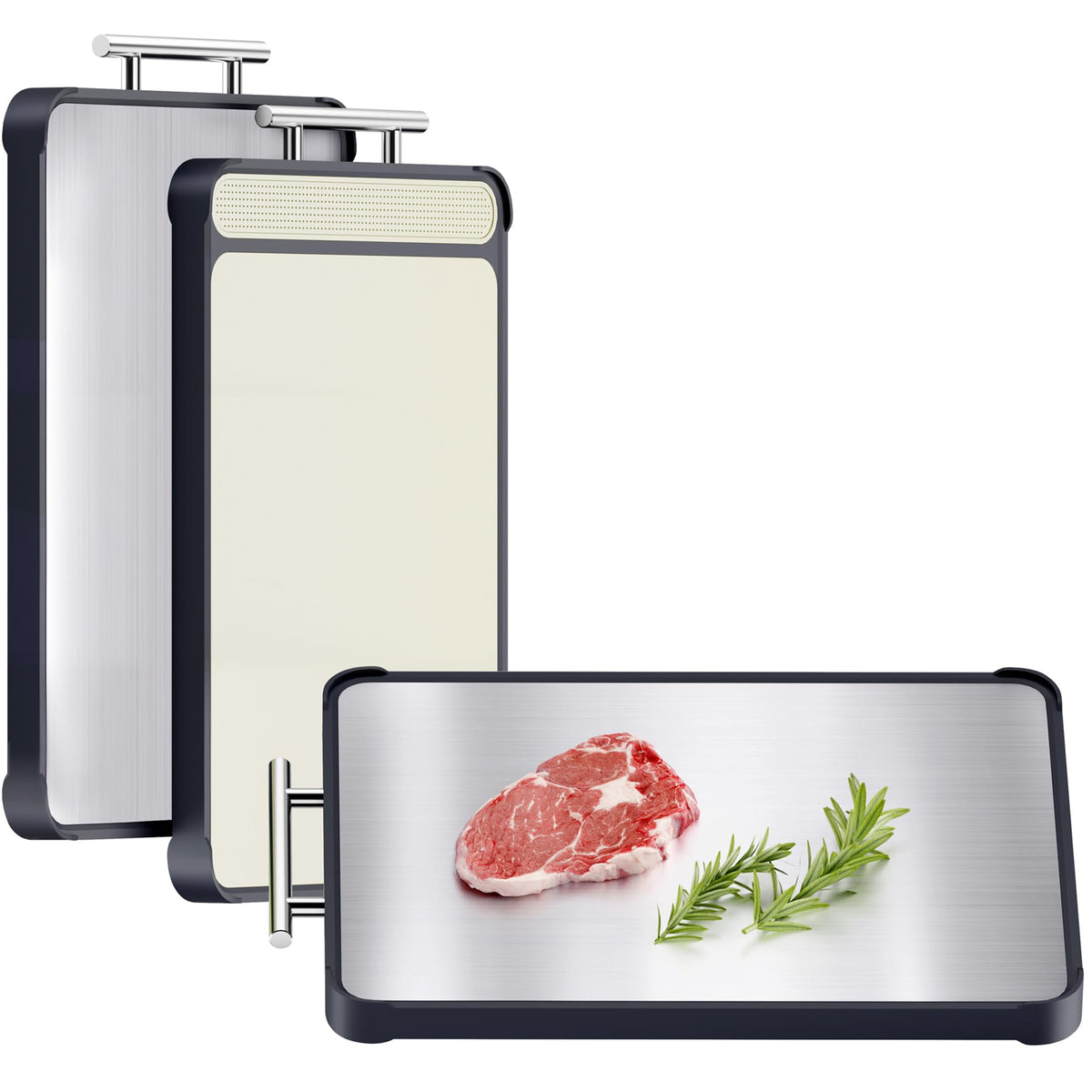 TalingMA cutting board set steel side on 16x11 inch surface for meat prep.
