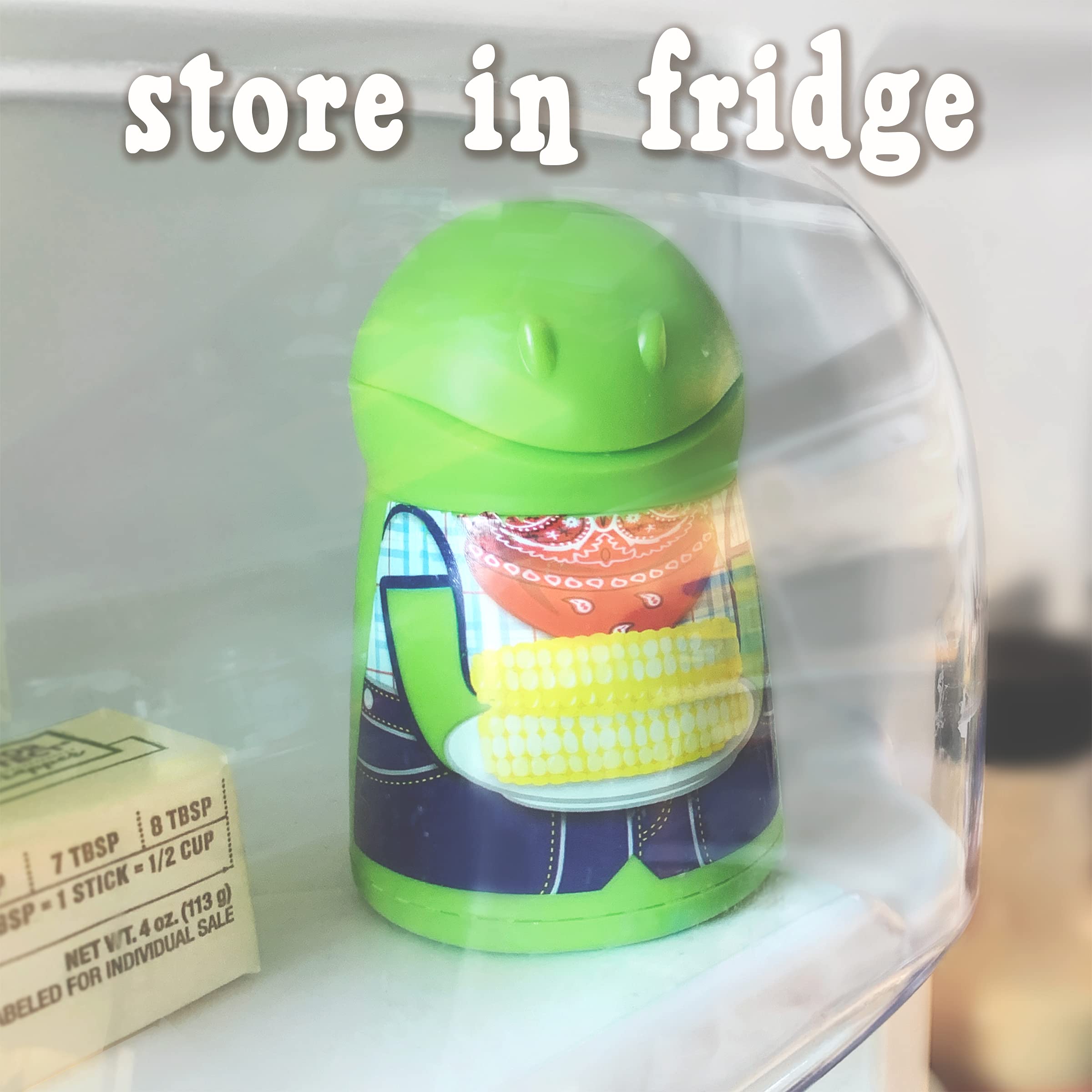 Keeps butter upright in the fridge for quick access