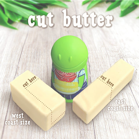 Cute Butter Boy logo overalls stand out on kitchen shelf