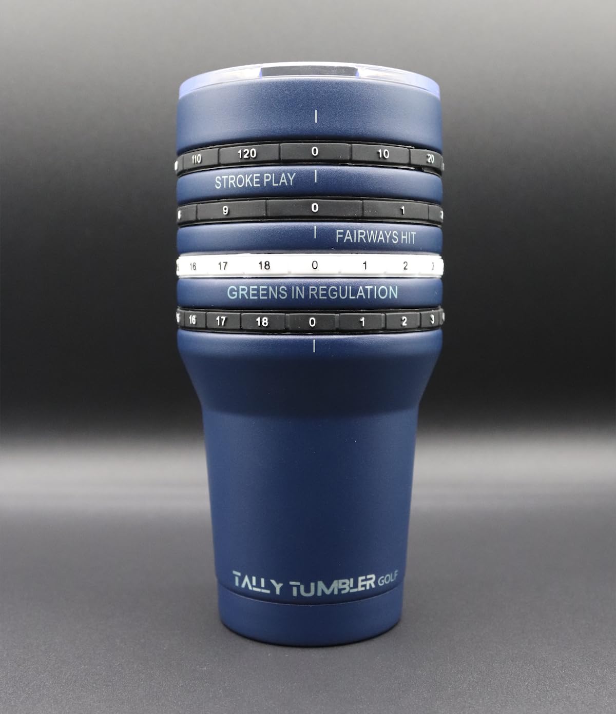 Tally Tumbler Golf Bogey Blue lid close-up demonstrates splash-proof seal