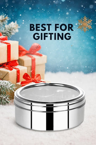 Taluka spice dabba shows four measuring spoons for precise seasoning.