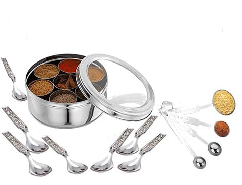 Taluka spice dabba with seven compartments keeps spices organized and accessible.