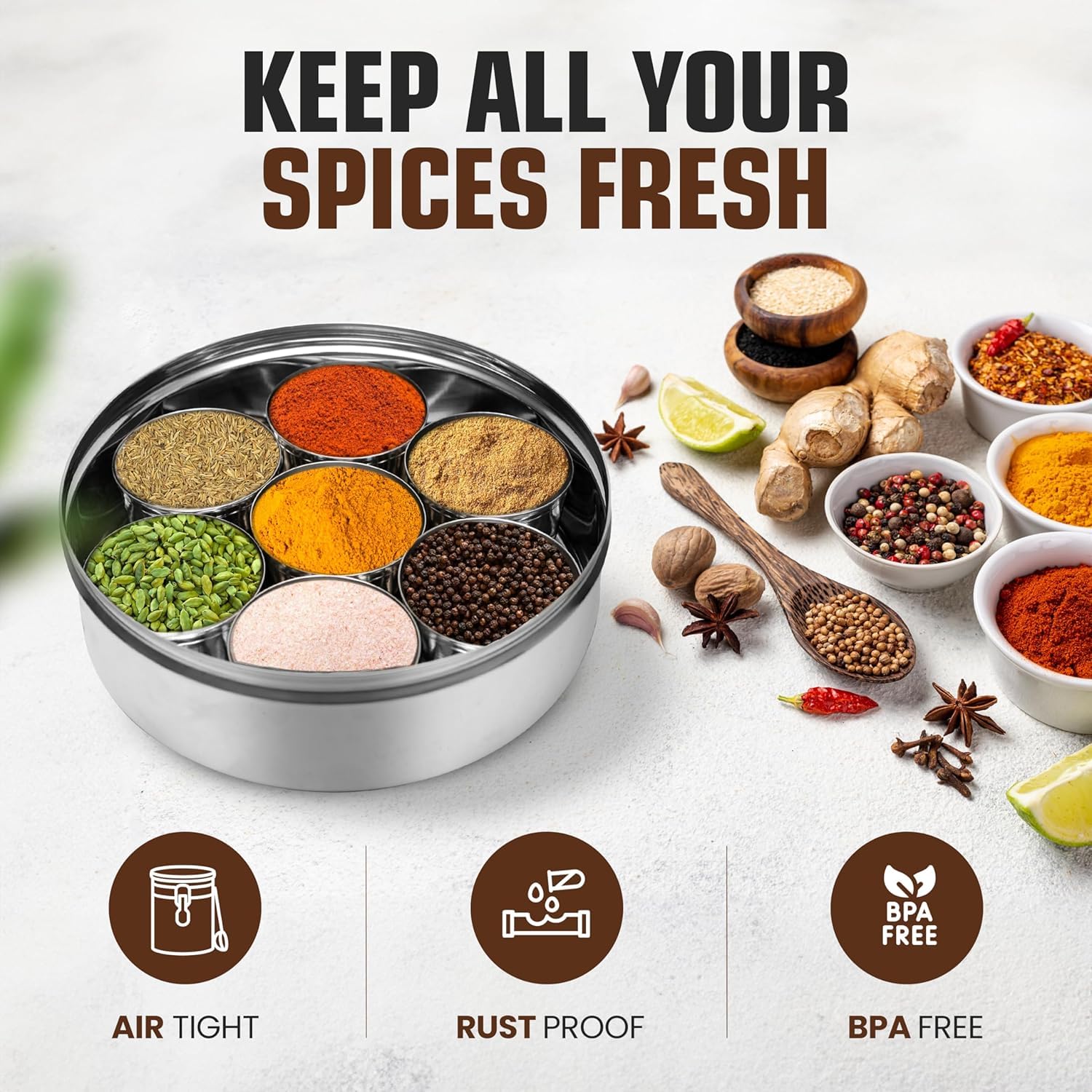 Taluka spice box stainless steel build demonstrates durable design.