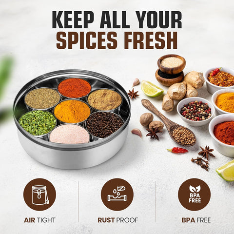 Taluka spice box stainless steel build demonstrates durable design.
