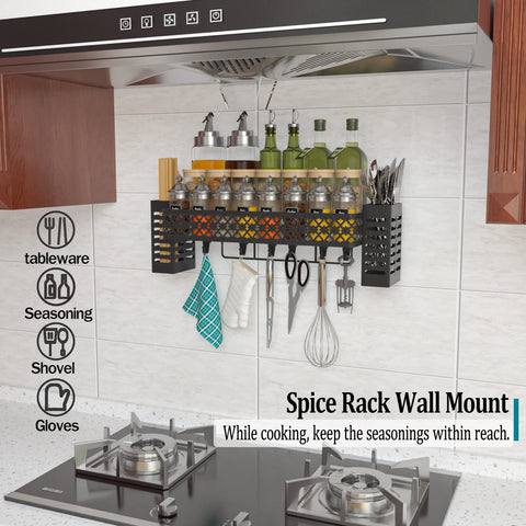 Tamomic over-stove spice organizer optimizes countertop space for a tidy kitchen.