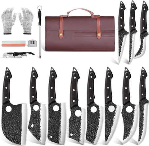 Tan Ren 17pcs butcher knife set and bag, ideal for home cooking and outdoor trips.