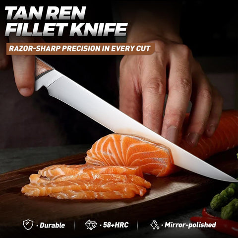 Tan Ren fillet knife ergonomic wooden handle for comfortable grip