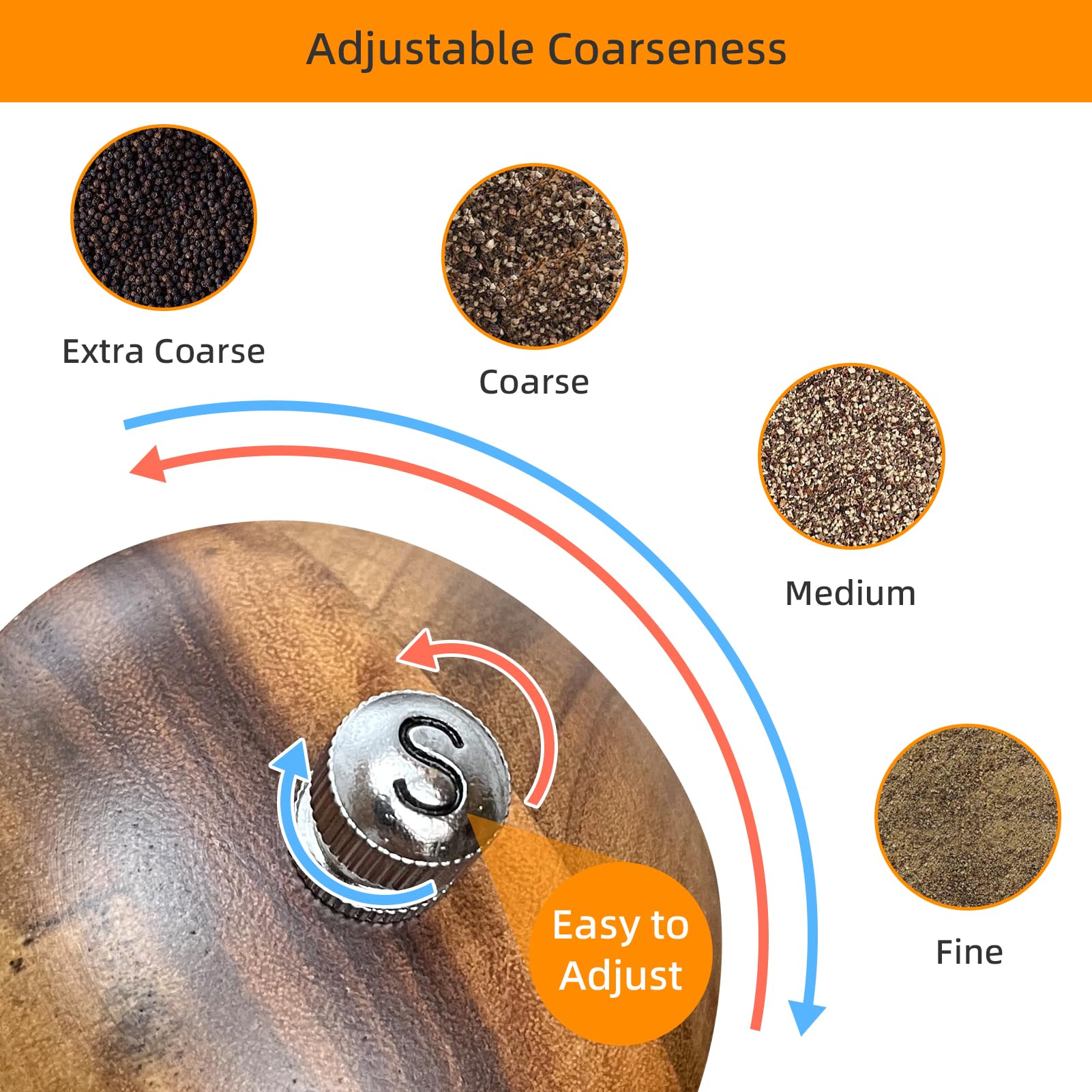 TanAndLin 8-inch wooden grinders with adjustable coarseness knob for coarse to fine seasoning