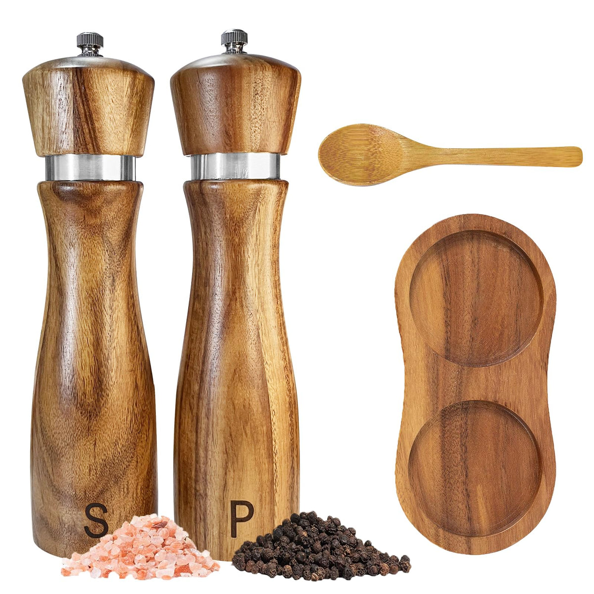 TanAndLin wooden salt and pepper grinder set with acacia wood on countertop for fresh flavor