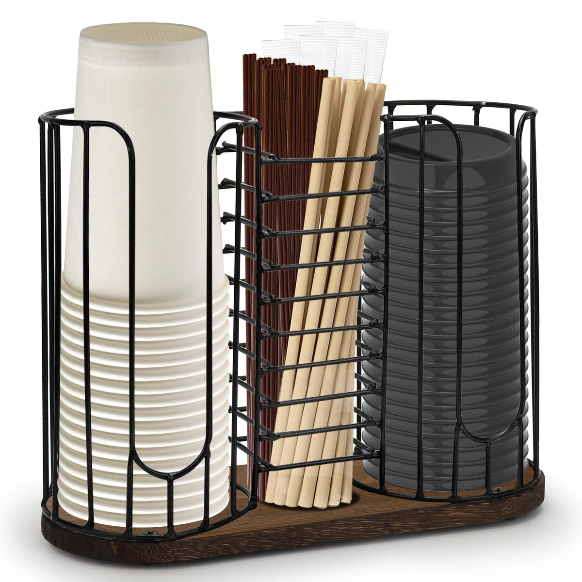 Tanggiteck 3-compartment dispenser with wood base keeps cups neatly organized on the counter.