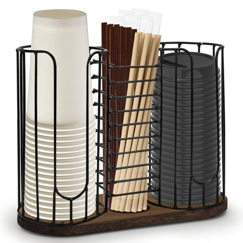 Tanggiteck 3-compartment dispenser with wood base keeps cups neatly organized on the counter.