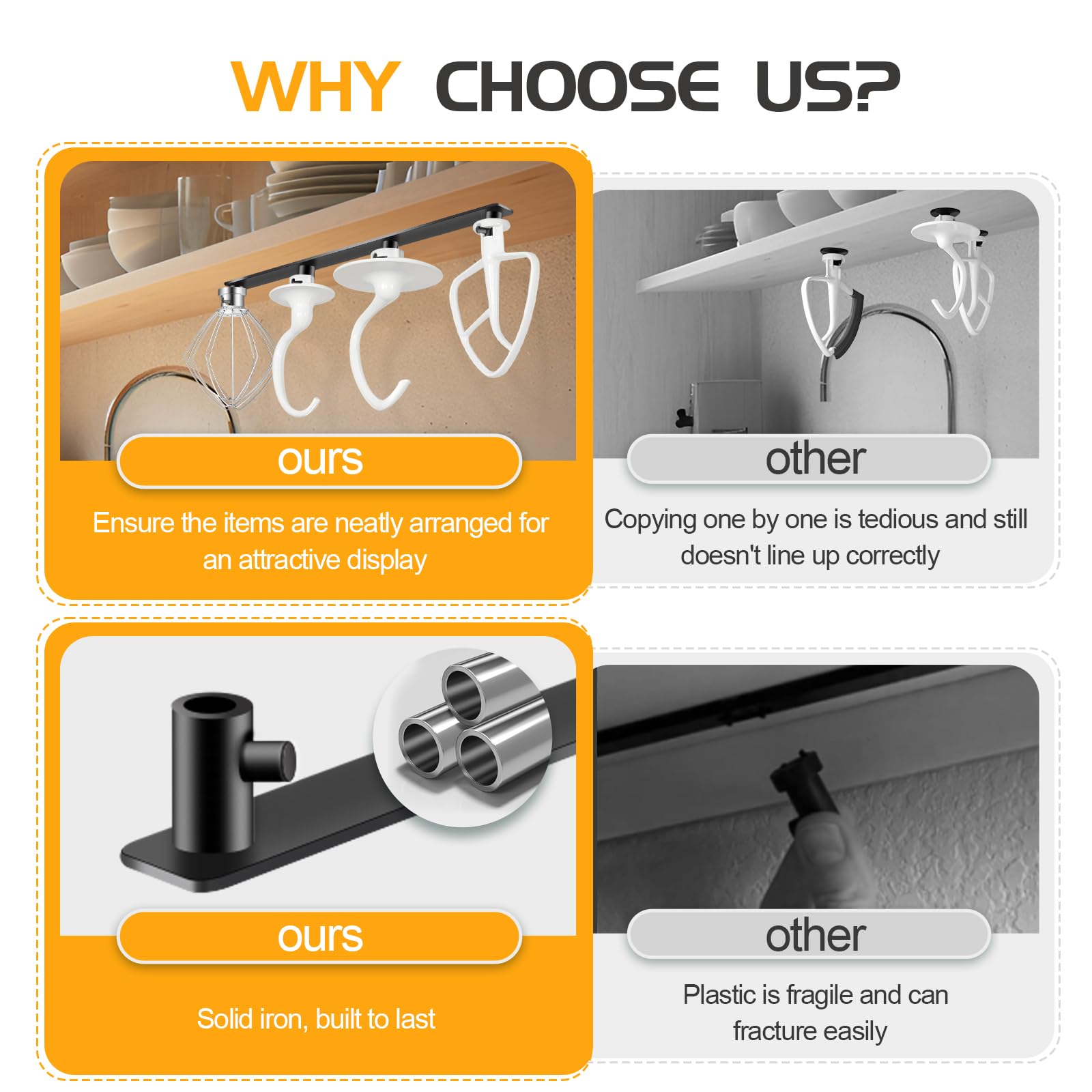 Tanggiteck under-cabinet mount keeps attachments within reach and frees counter space.