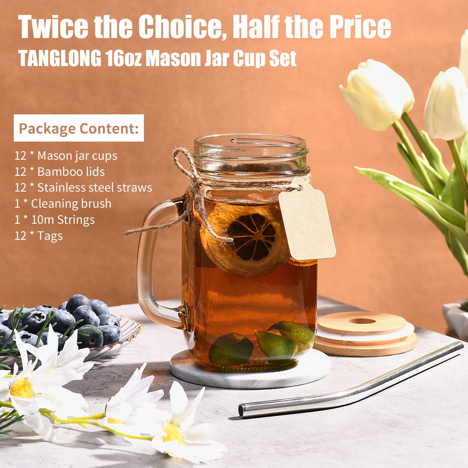 TANGLONG mason jar with lids and straws showing clear beverage color and style.