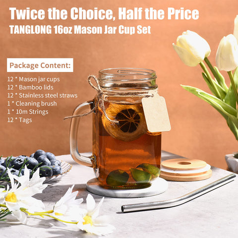 TANGLONG mason jar with lids and straws showing clear beverage color and style.