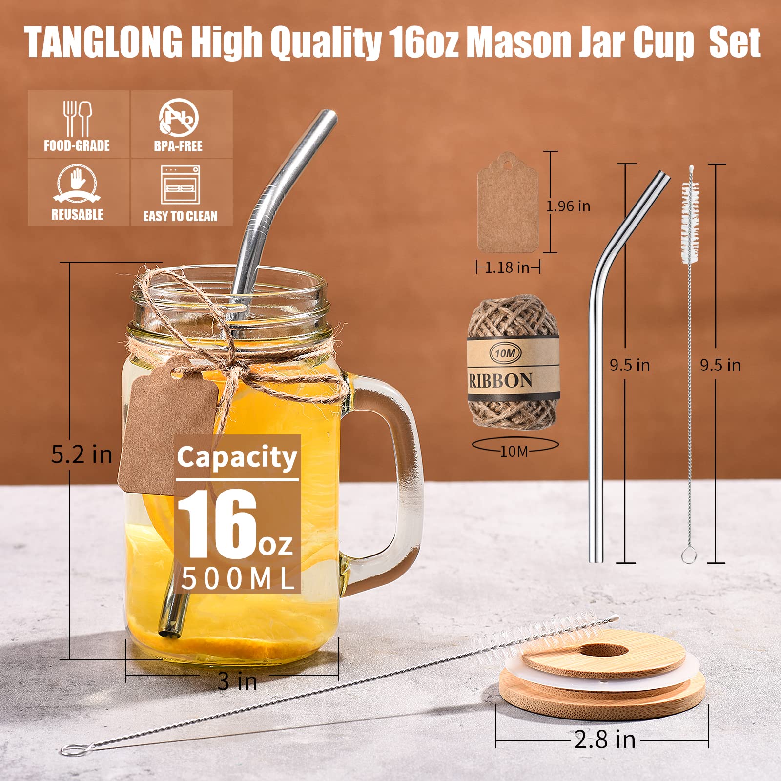 TANGLONG stainless steel straw 9.5 inches ideal for cold beverages.