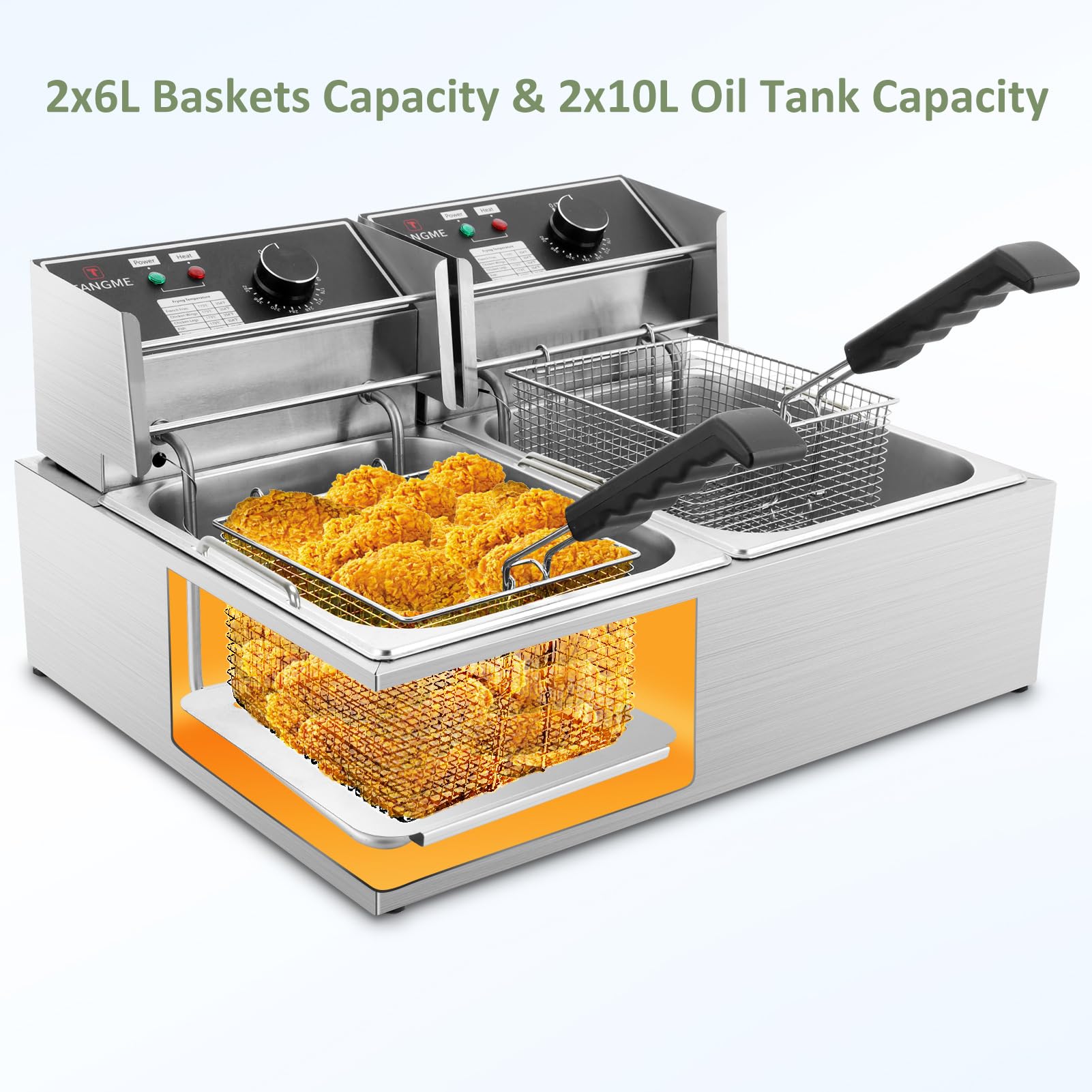 TANGME dual-tank fryer with safety lid to prevent splatter