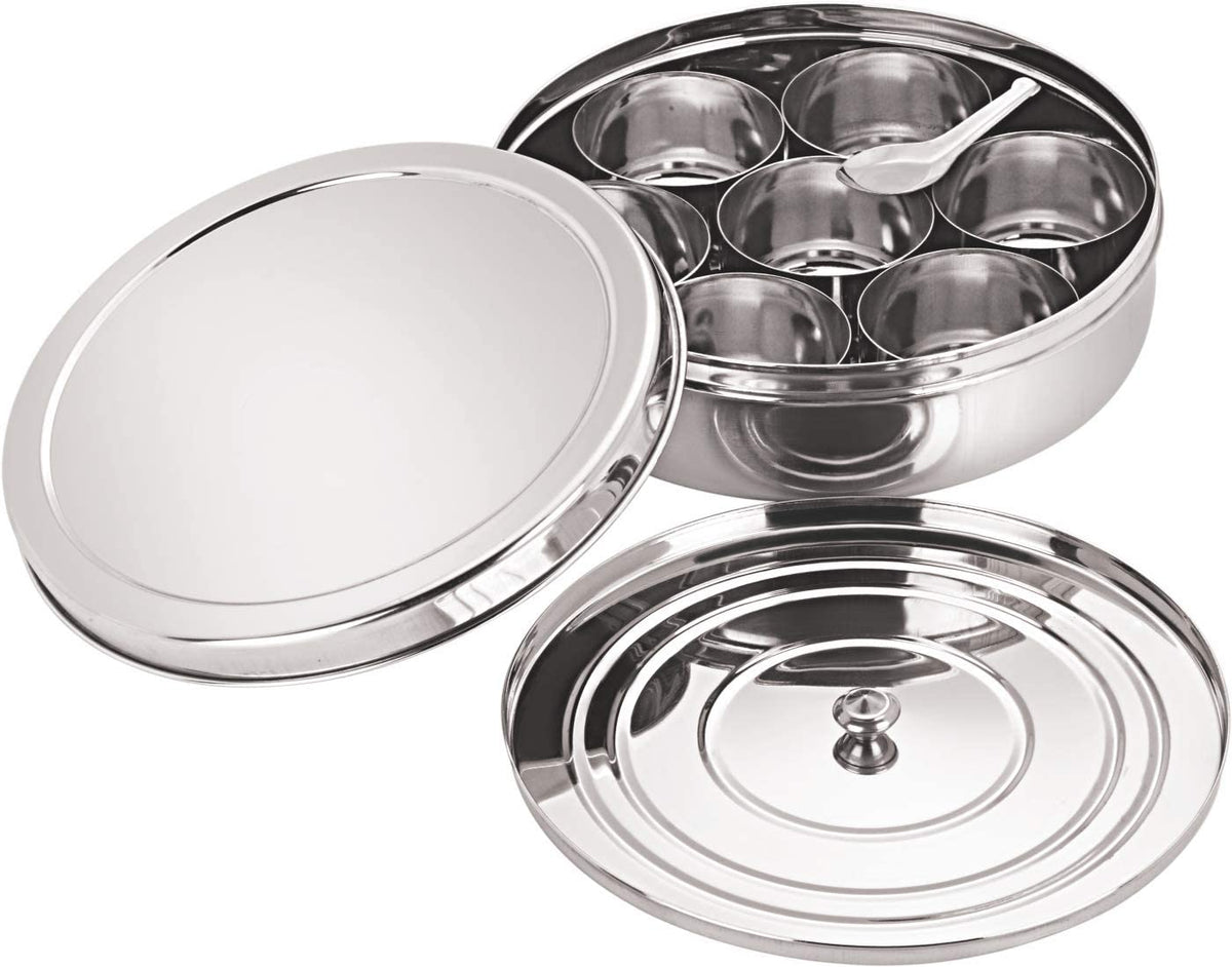 Tanish Trading masala dabba with 8x8 inch base keeps spices organized.