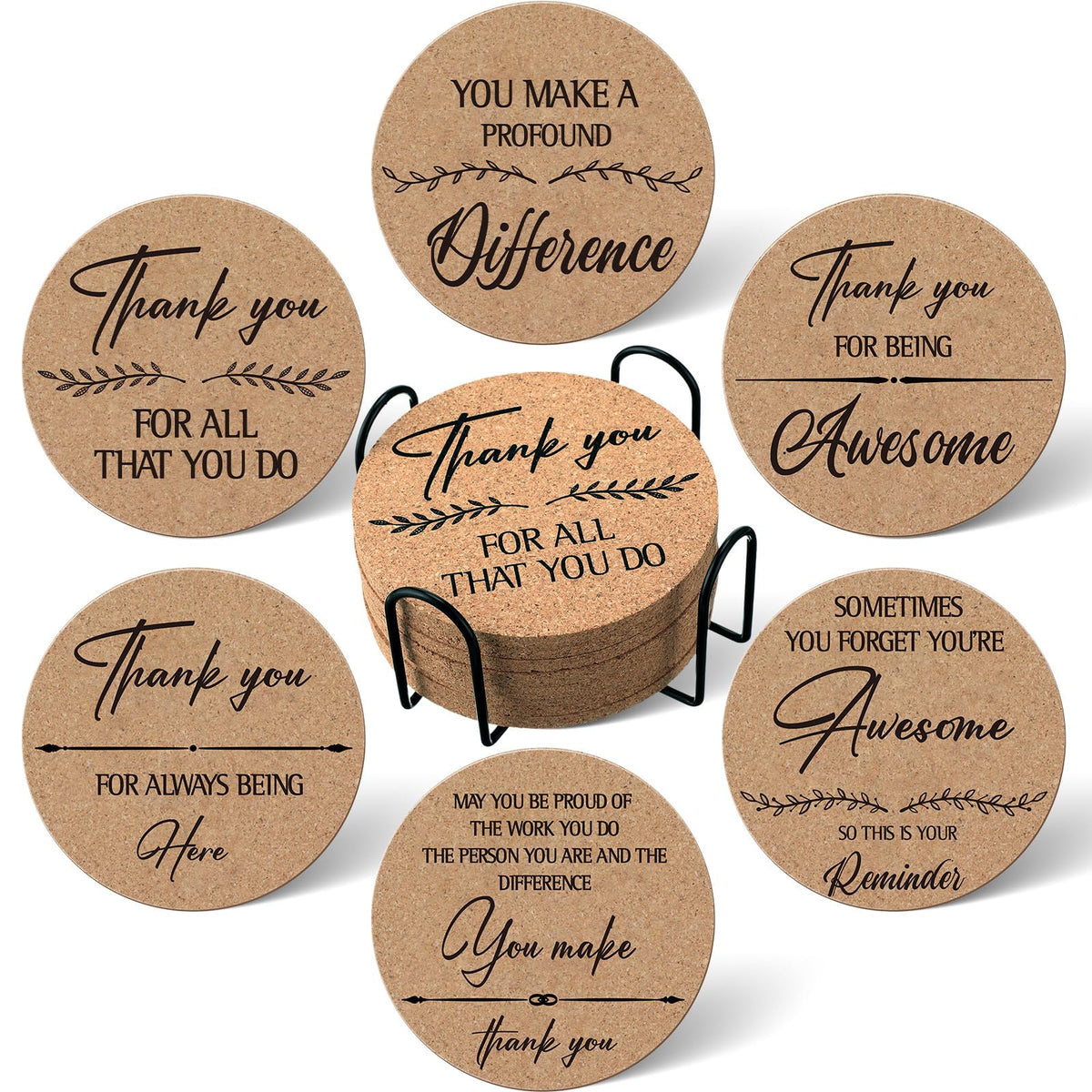 Tanlade Thank You Coasters six design set displayed for gifting and sharing in the office