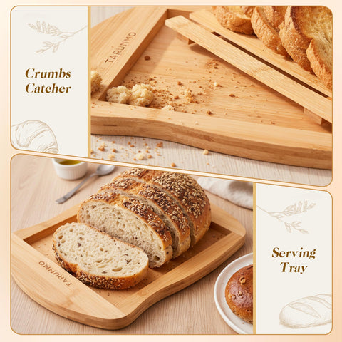 Tarunmo slicing board heat pad feature protects counters during hot loaf slicing.