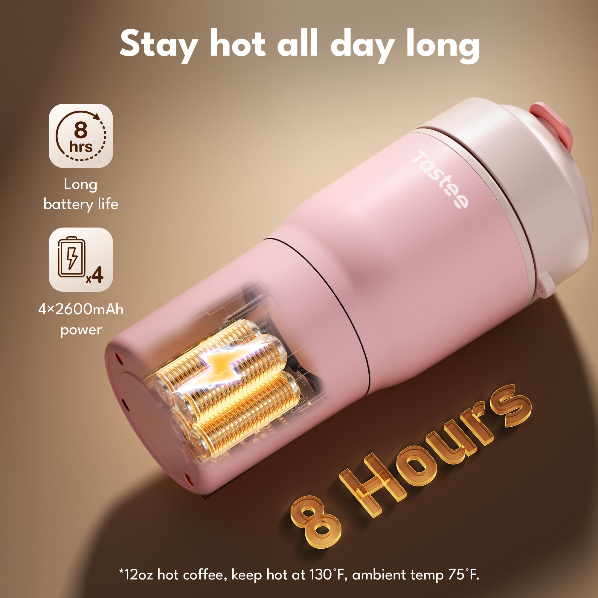 Tastee heated mug fast charging port image emphasizes 30W recharge in under two hours