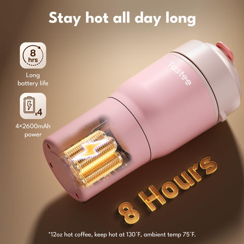 Tastee heated mug fast charging port image emphasizes 30W recharge in under two hours