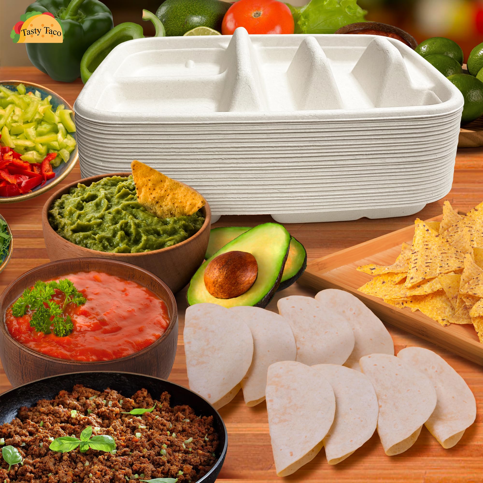 Tasty Taco 25-pack cream white plates ideal for quick cleanup and service.