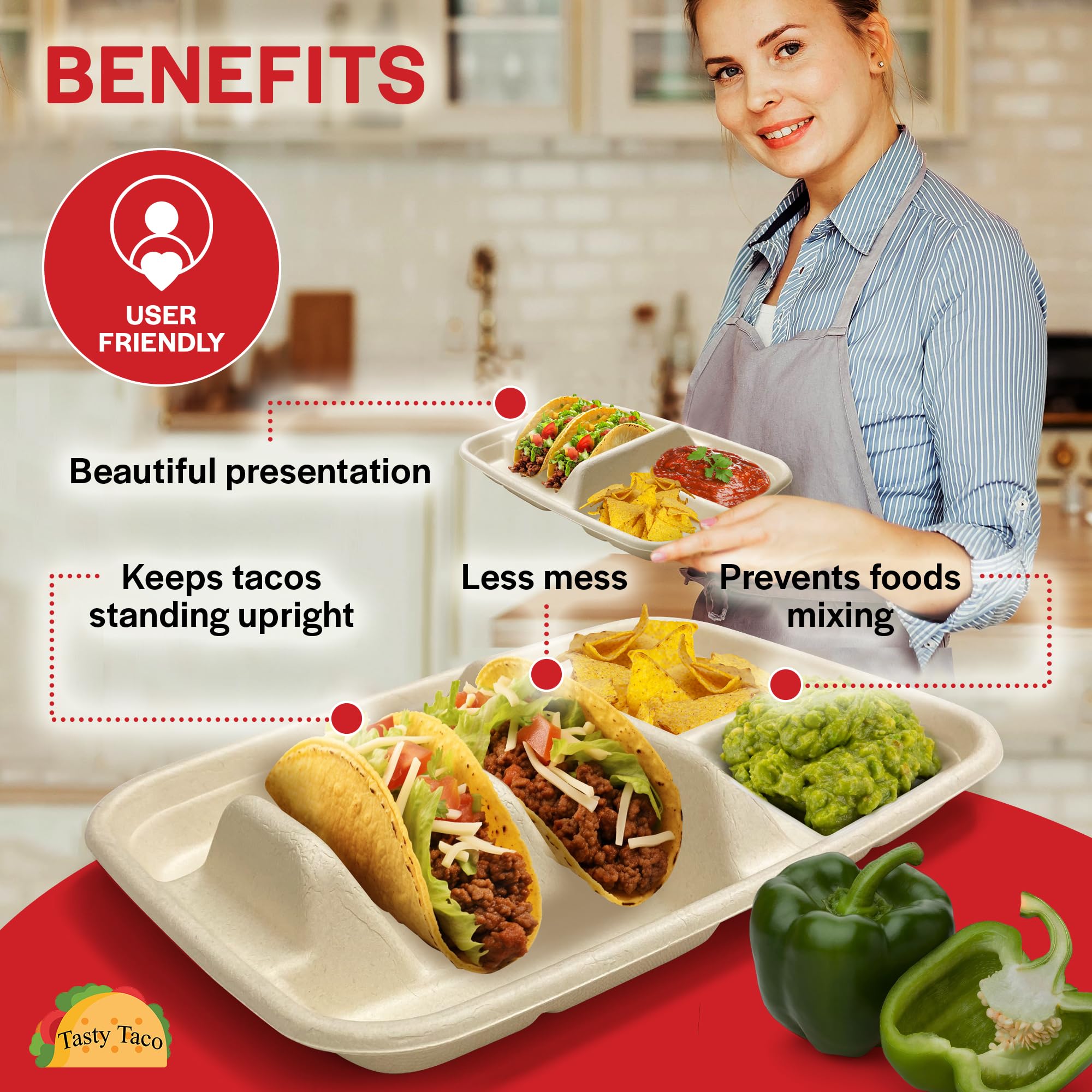 Tasty Taco biodegradable and compostable plates for easy, responsible cleanup.