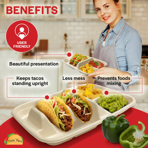 Tasty Taco biodegradable and compostable plates for easy, responsible cleanup.